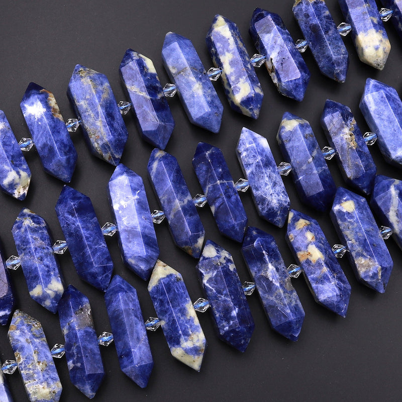 Large Natural Denim Blue Sodalite Beads Faceted Double Terminated Points Center Drilled Focal Pendants 15.5" Strand