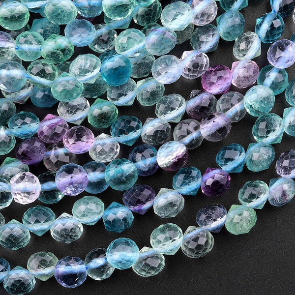 AAA Natural Green Purple Blue Fluorite Faceted 6mm Rounded Briolette Teardrop Beads Good For Earrings 15.5" Strand