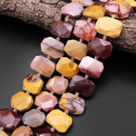 Natural Australian Mookaite Beads Faceted Rectangle Cushion Octagon Natural Sunset Color Red Yellow Maroon Red Creamy Beige 15.5" Strand