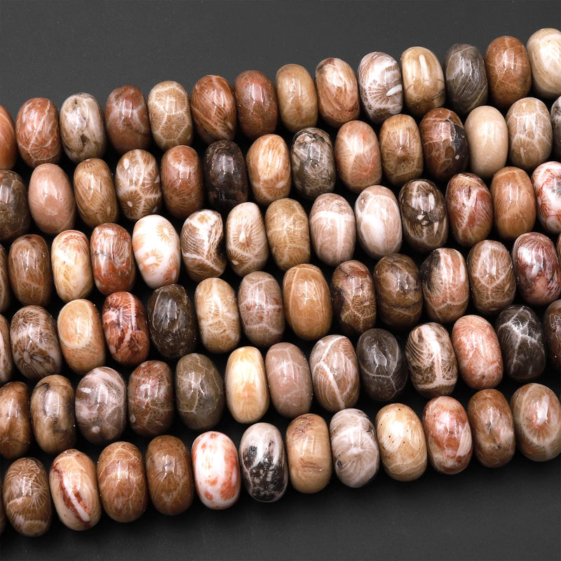 Large Natural Fossil Coral Smooth Rondelle Beads 10mm Brown Beige Tan Rusty 15.5" Strand