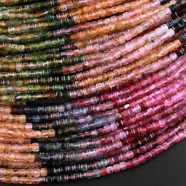 AAA Natural Multicolor Pink Green Yellow Tourmaline Faceted 2mm 3mm Cube Square Dice Beads Gemstone 15.5" Strand