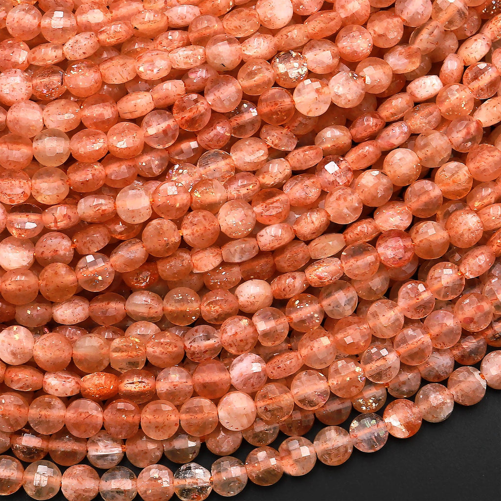 Natural Sunstone Micro Faceted 4mm Coin Flat Disc Dazzling Facets Small Fiery Orange Red Gemstone Diamond Cut 15.5" Strand