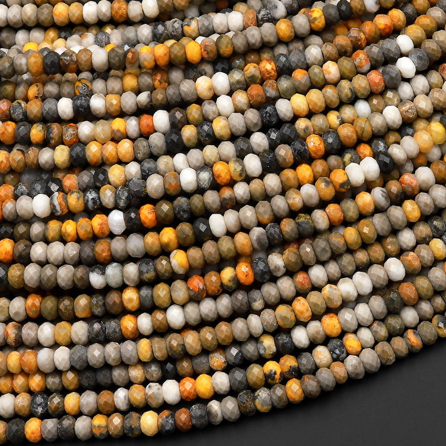 Faceted Natural Bumble Bee Jasper 3mm 4mm Rondelle Beads Micro Diamond Cut Gemstone 15.5" Strand