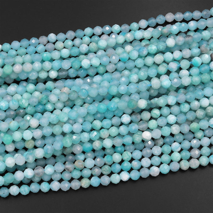 Micro Faceted Peruvian Amazonite Faceted Round Beads 3mm 4mm 5mm Stunning Natural Blue Green Laser Diamond Cut Gemstone 15.5" Strand