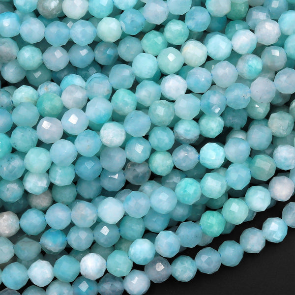 Micro Faceted Peruvian Amazonite Faceted Round Beads 3mm 4mm 5mm Stunning Natural Blue Green Laser Diamond Cut Gemstone 15.5" Strand