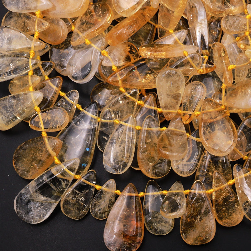 AAA Natural Golden Citrine Long Teardrop Pendant Beads Side Drilled Gemstone 15.5" Strand