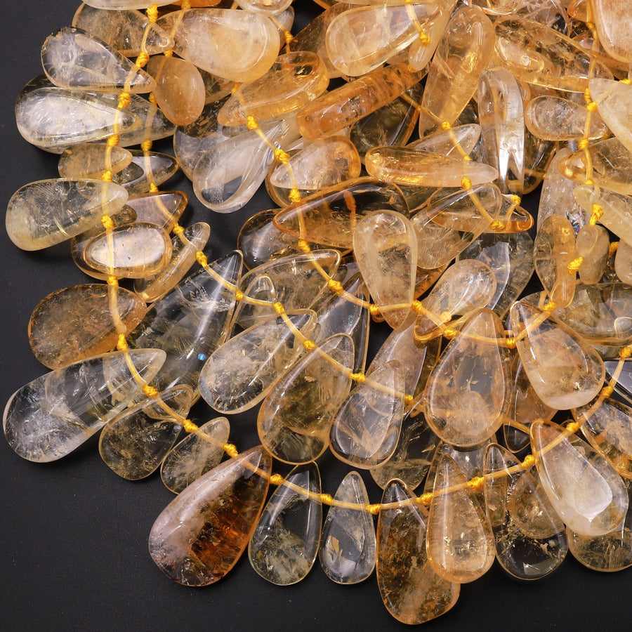 AAA Natural Golden Citrine Long Teardrop Pendant Beads Side Drilled Gemstone 15.5" Strand