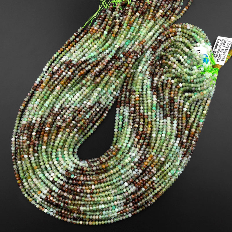Natural Green Brown Chrysoprase Faceted 3mm 4mm Rondelle Beads Diamond Cut Gemstone Beads 15.5" Strand
