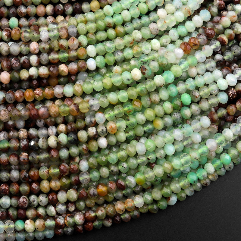 Natural Green Brown Chrysoprase Faceted 3mm 4mm Rondelle Beads Diamond Cut Gemstone Beads 15.5" Strand