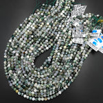 Faceted Natural Green Moss Agate 4mm 6mm Round Beads Laser Diamond Micro Cut Gemstone 15.5" Strand