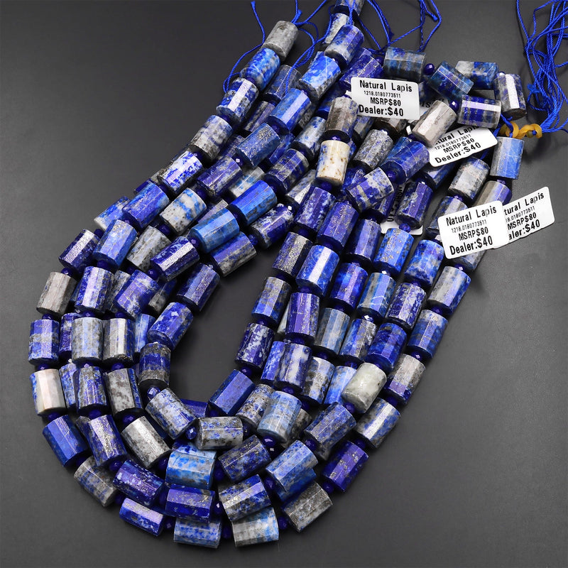 Natural Blue Lapis Faceted Tube Cylinder Beads 15.5" Strand