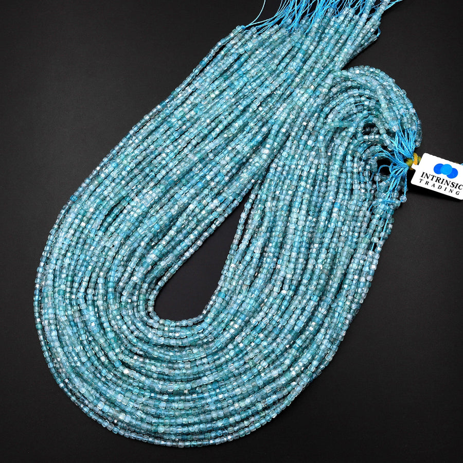 AAA Natural Light Blue Apatite Faceted 2mm 3mm Cube Beads Gemstone Dice 15.5" Strand
