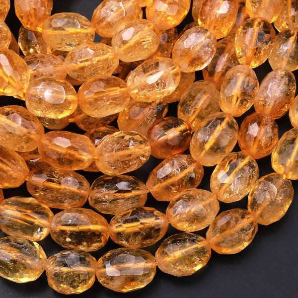 Natural Golden Yellow Citrine Beads Faceted Oval Puffy Nuggets 15.5" Strand