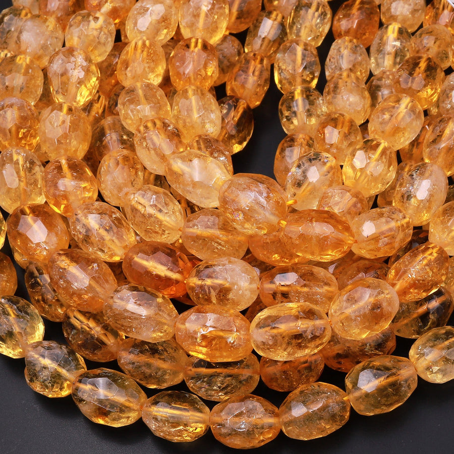 Natural Golden Yellow Citrine Beads Faceted Oval Puffy Nuggets 15.5" Strand