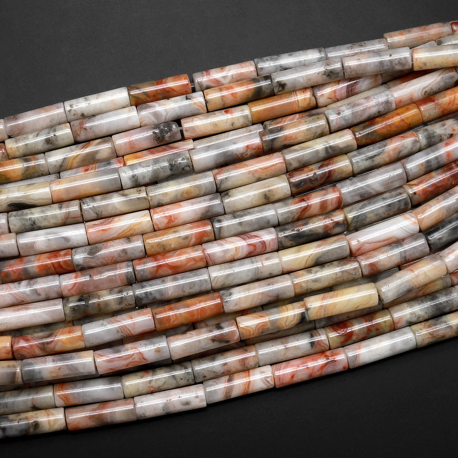 Natural Crazy Lace Agate Thin Long Tube Beads 14mm 15.5" Strand