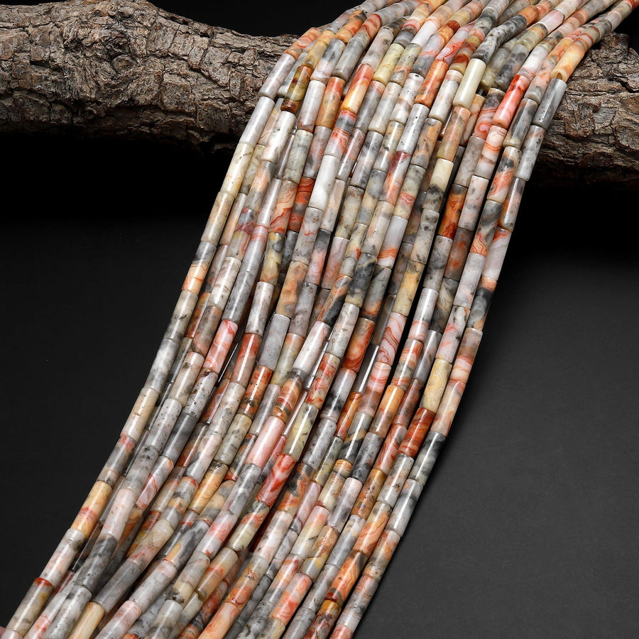 Natural Crazy Lace Agate Thin Long Tube Beads 14mm 15.5" Strand