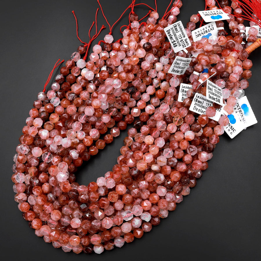 Faceted Natural Red Hematoid Lepidocrocite Quartz 6mm 8mm 10mm Round Beads New Double Hearted Star Cut 15.5" Strand