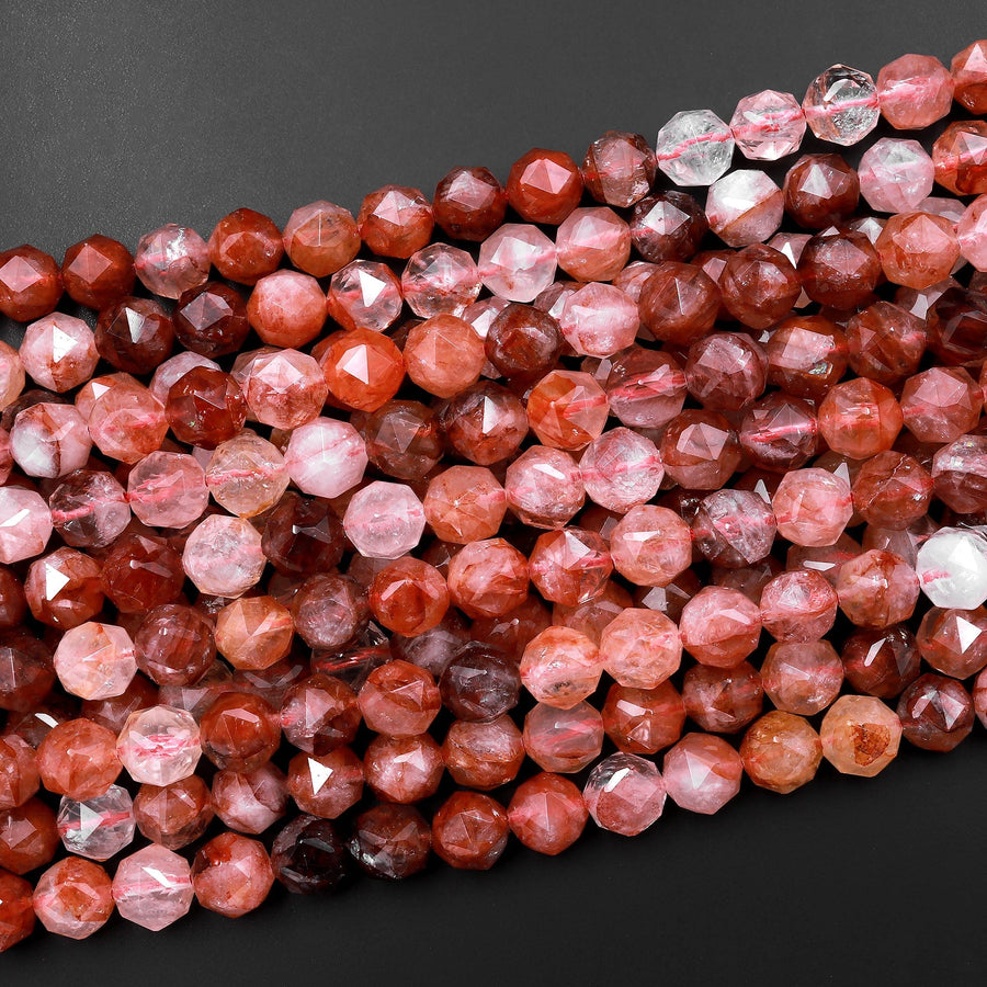 Faceted Natural Red Hematoid Lepidocrocite Quartz 6mm 8mm 10mm Round Beads New Double Hearted Star Cut 15.5" Strand