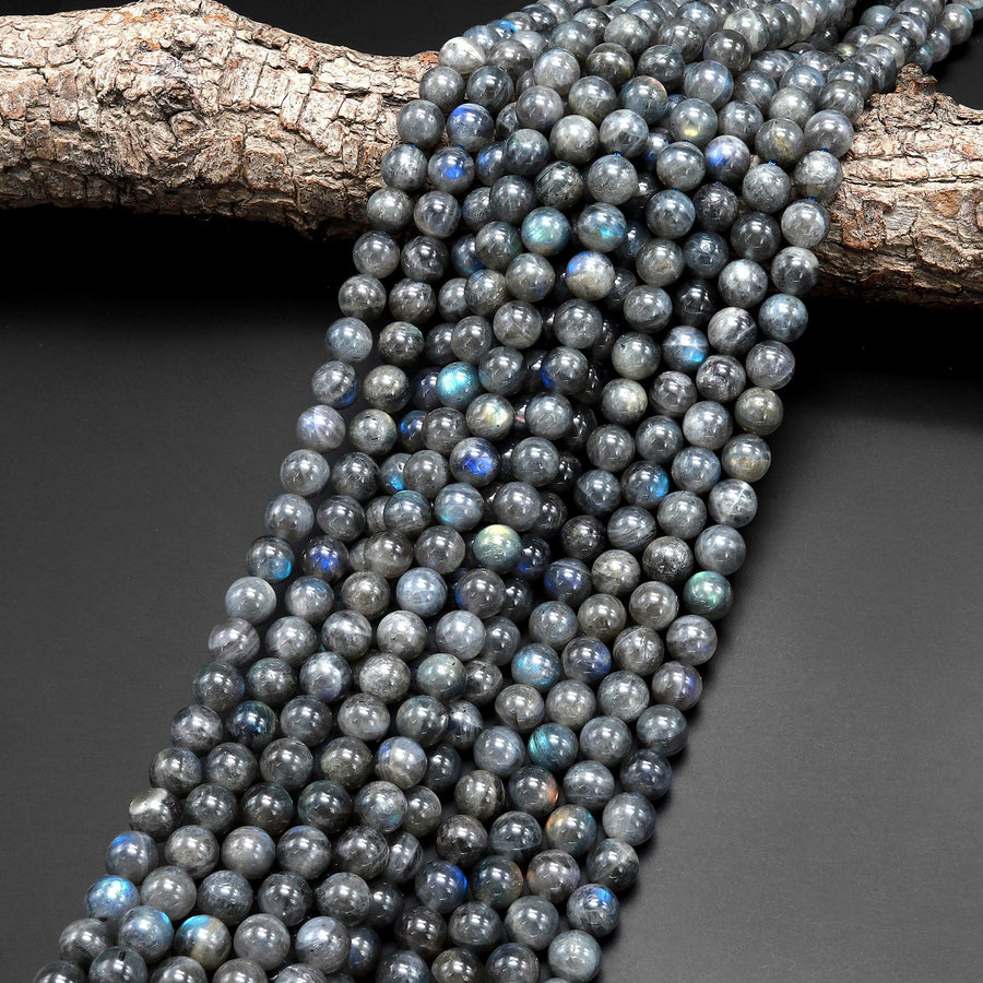 Natural Black Gray Labradorite 6mm 8mm 10mm Round Beads Blue Flashes 15.5" Strand