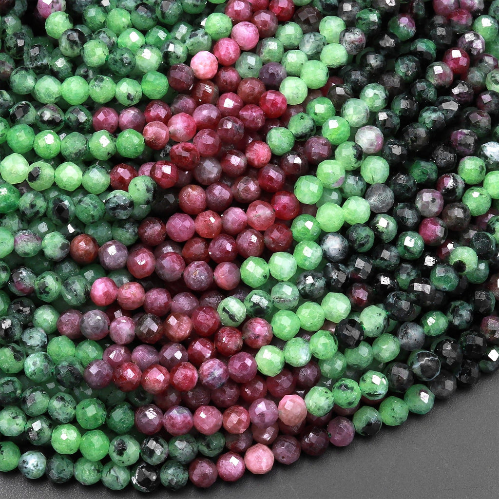 Faceted Natural Red Ruby Green Zoisite 3mm 4mm Faceted Round Beads Laser Diamond Cut Gemstone 15.5" Strand