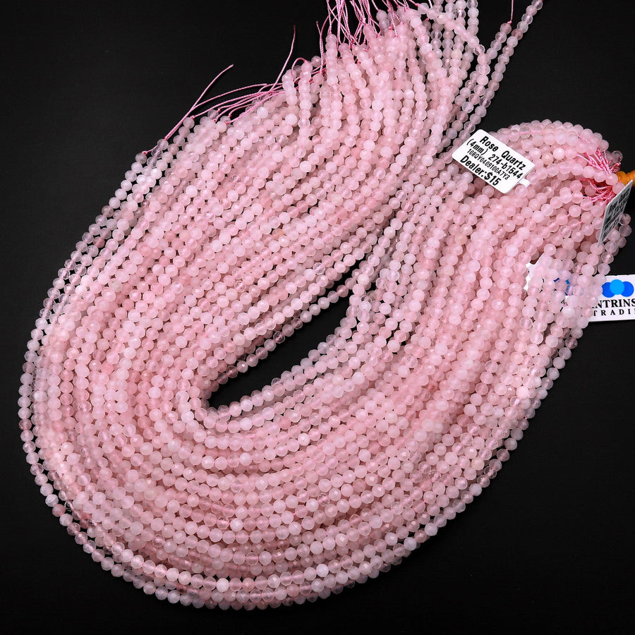 Genuine Madagascar Pink Rose Quartz Faceted 2mm 3mm 4mm Round Beads Micro Diamond Cut Gemstone 15.5" Strand