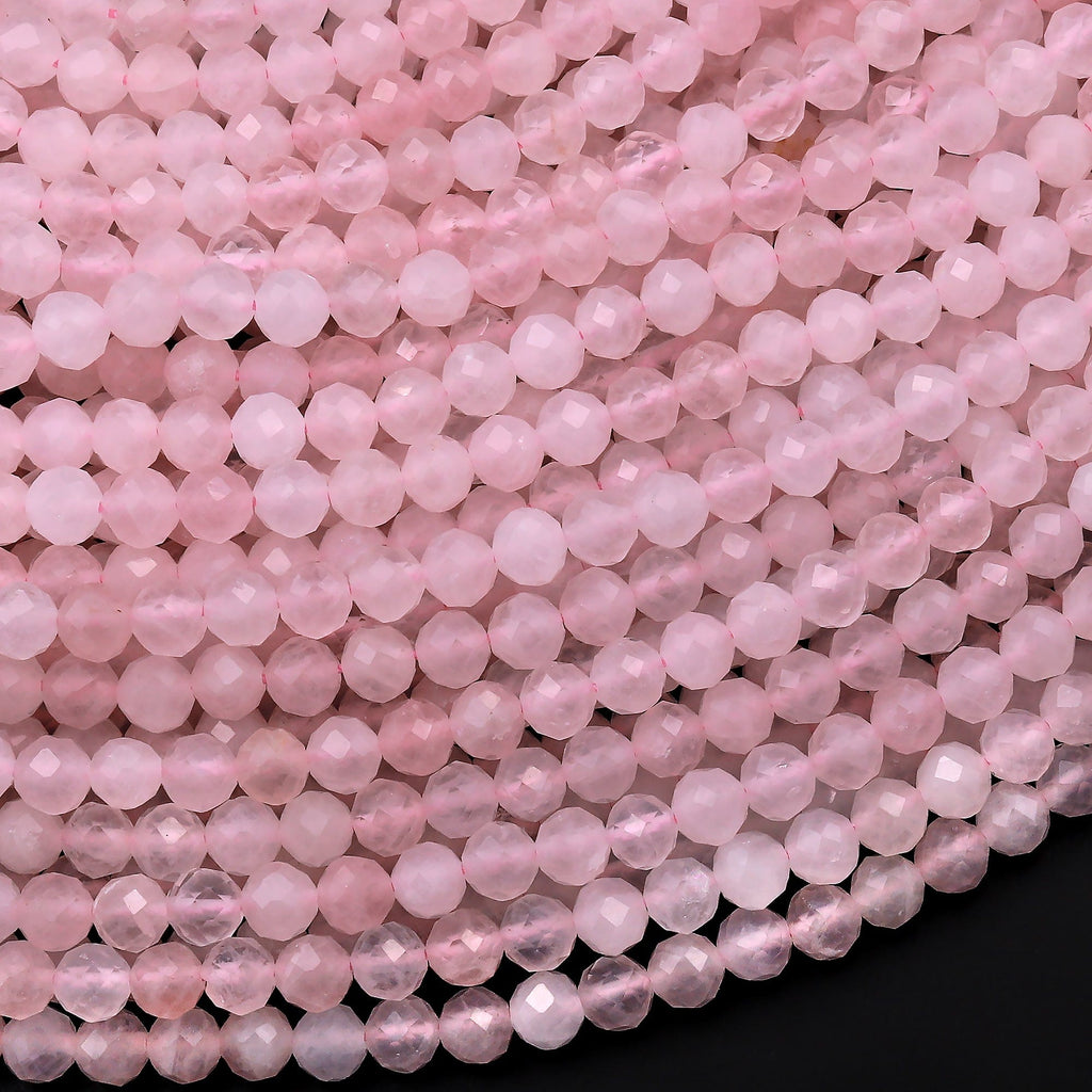 Genuine Madagascar Pink Rose Quartz Faceted 2mm 3mm 4mm Round Beads Micro Diamond Cut Gemstone 15.5" Strand