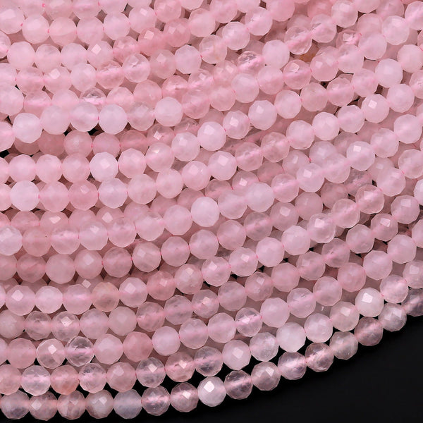 Genuine Madagascar Pink Rose Quartz Faceted 4mm Round Beads Micro Diamond Cut Gemstone 15.5" Strand