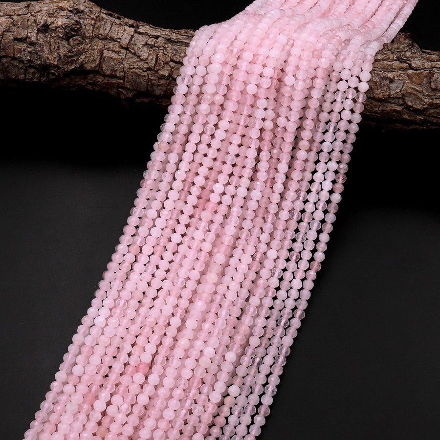 Genuine Madagascar Pink Rose Quartz Faceted 2mm 3mm 4mm Round Beads Micro Diamond Cut Gemstone 15.5" Strand