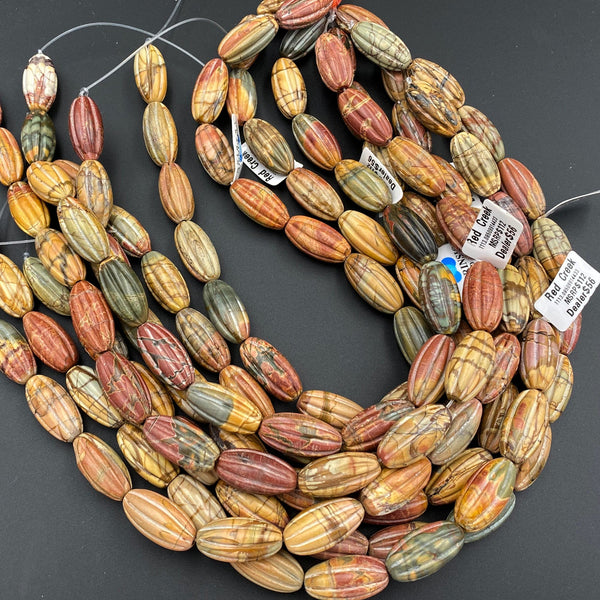 Carved Red Creek Jasper Beads Melon Long Drum Tube Earthy Red Green Yellow Brown Natural Cherry Creek Multi-color Picasso Jasper 16" Strand