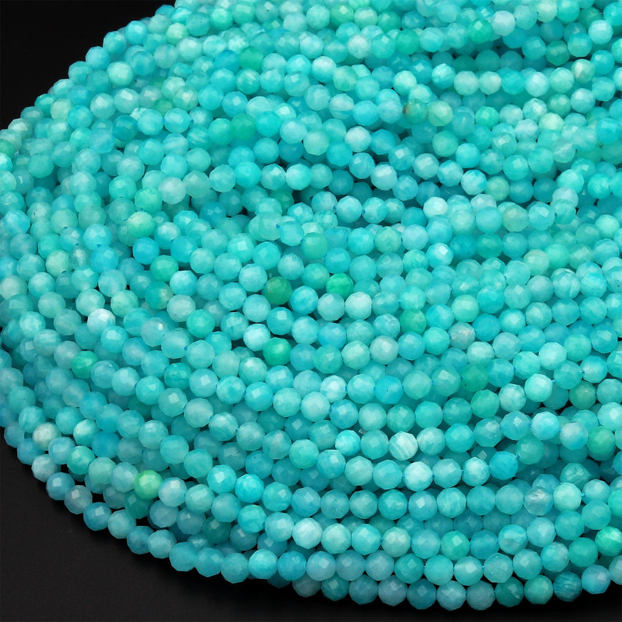 Peruvian Amazonite 2mm 3mm 4mm 6mm Faceted Round Beads Stunning Natural Sea Blue Green Gemstone Micro Faceted Laser Diamond Cut 15.5" Strand