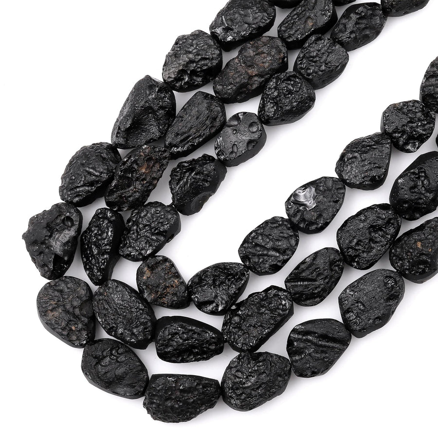 Natural Tektite Beads Freeform Oval Nugget Drilled Black Meteorite Cosmic Gems Rough Raw Gemstone 15.5" Strand