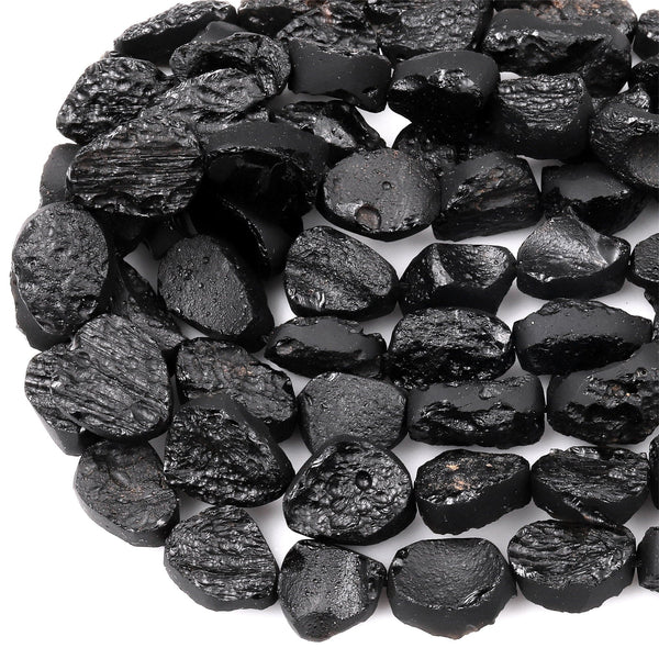 Natural Tektite Beads Freeform Oval Nugget Drilled Black Meteorite Cosmic Gems Rough Raw Gemstone 15.5" Strand