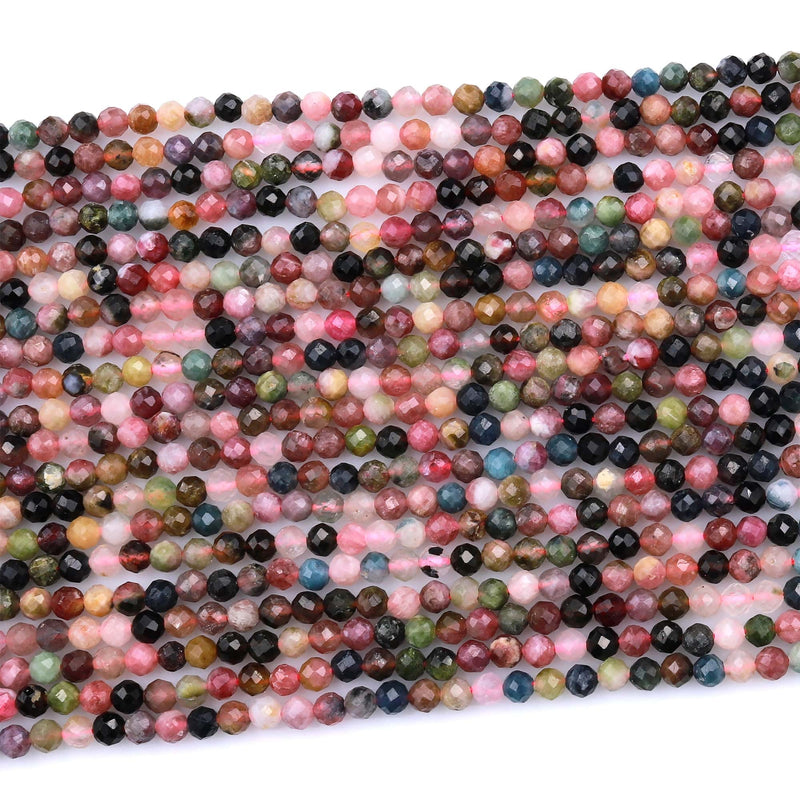 Micro Faceted Natural Multicolor Tourmaline Round Beads 2mm 3mm 4mm 5mm Pink Green Yellow Watermelon Tourmaline Real Genuine Gemstone 15.5" Strand
