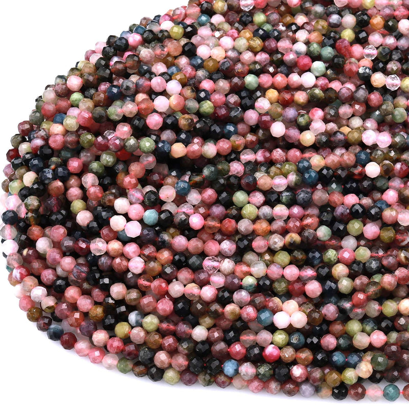 Micro Faceted Natural Multicolor Tourmaline Round Beads 2mm 3mm 4mm 5mm Pink Green Yellow Watermelon Tourmaline Real Genuine Gemstone 15.5" Strand