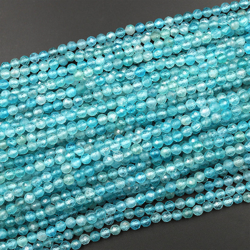 Natural Apatite Faceted Round Beads 4mm Faceted Round Beads Translucent Aqua Blue Gemstone 16" Strand