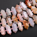 Natural Cherry Blossom Agate Faceted Double Terminated Points Short Center Drilled Focal Pendant Bead Bullet Bicone 16" Strand