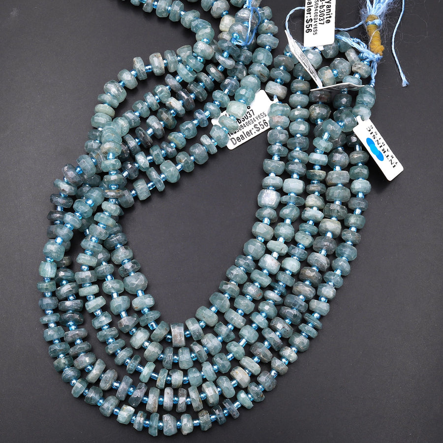 Rare Teal Blue Green Kyanite Faceted Rondelle Freeform Irregular Hand Cut 15.5" Strand