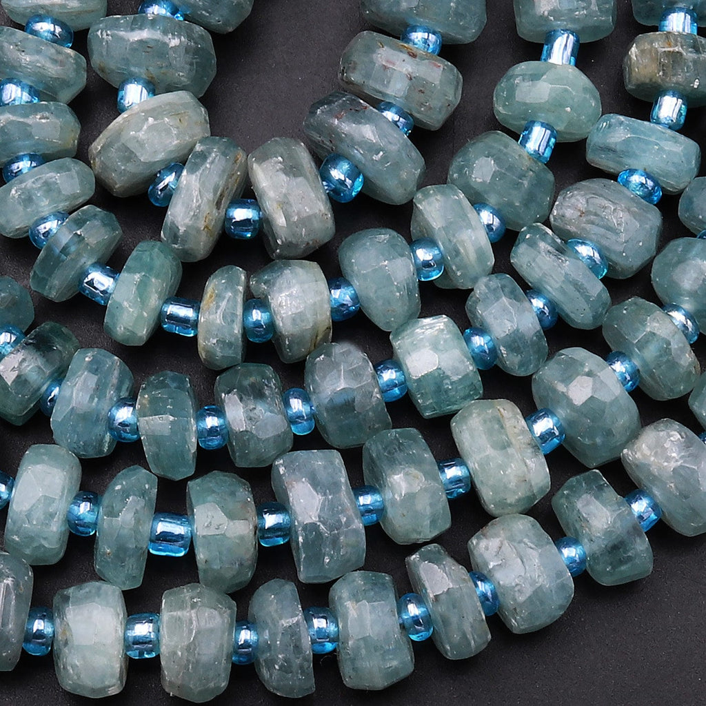 Rare Teal Blue Green Kyanite Faceted Rondelle Freeform Irregular Hand Cut 15.5" Strand