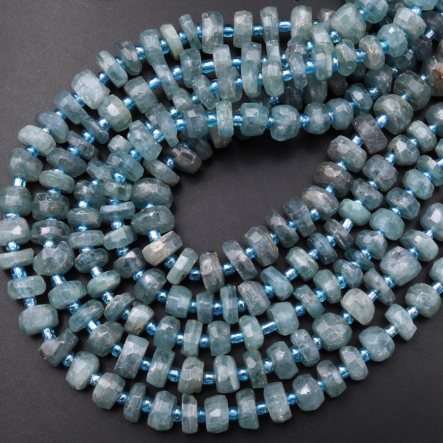 Rare Teal Blue Green Kyanite Faceted Rondelle Freeform Irregular Hand Cut 15.5" Strand