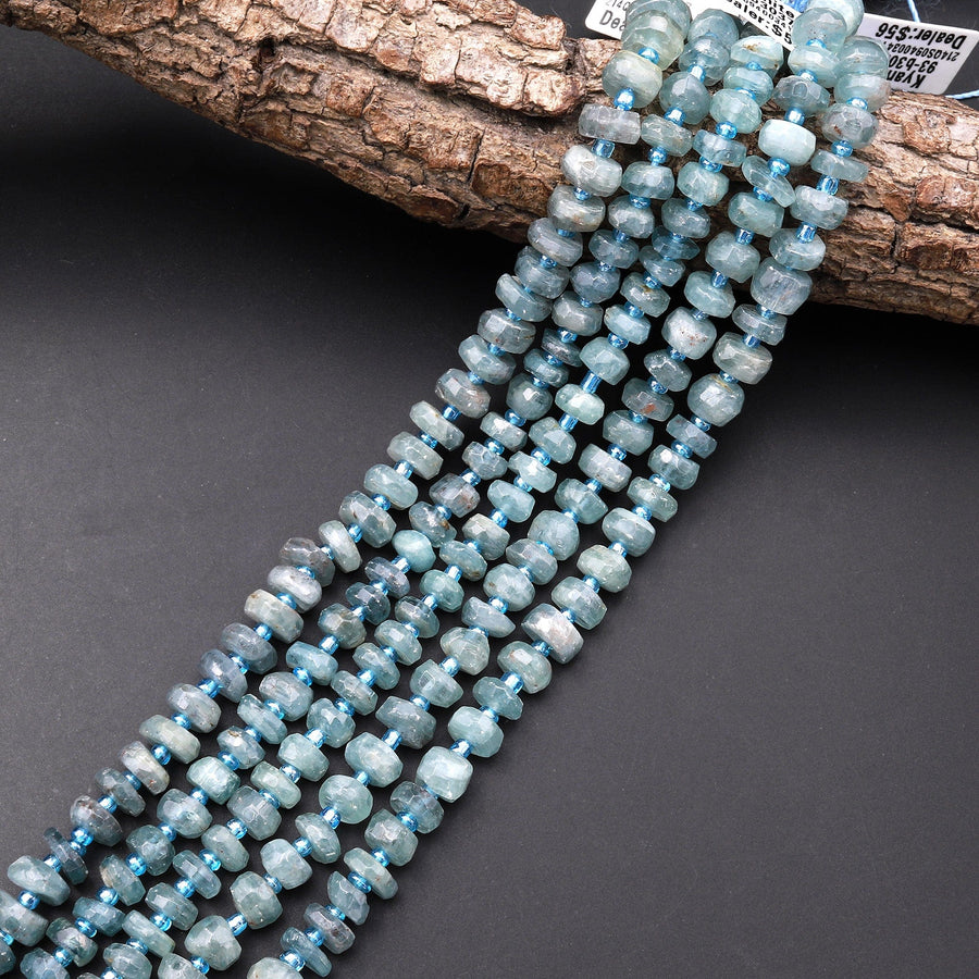 Rare Teal Blue Green Kyanite Faceted Rondelle Freeform Irregular Hand Cut 15.5" Strand