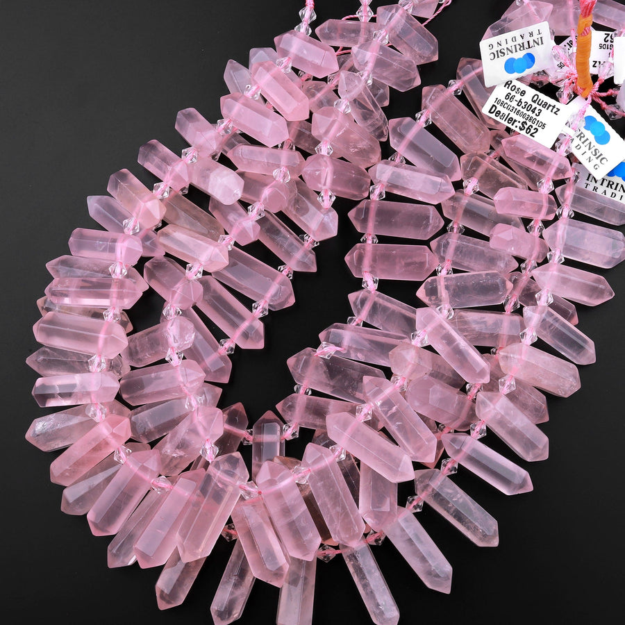 AAA Natural Pink Rose Quartz Faceted Double Terminated Points Side Drilled Focal Pendant Beads Bullet Bicone 15" Strand