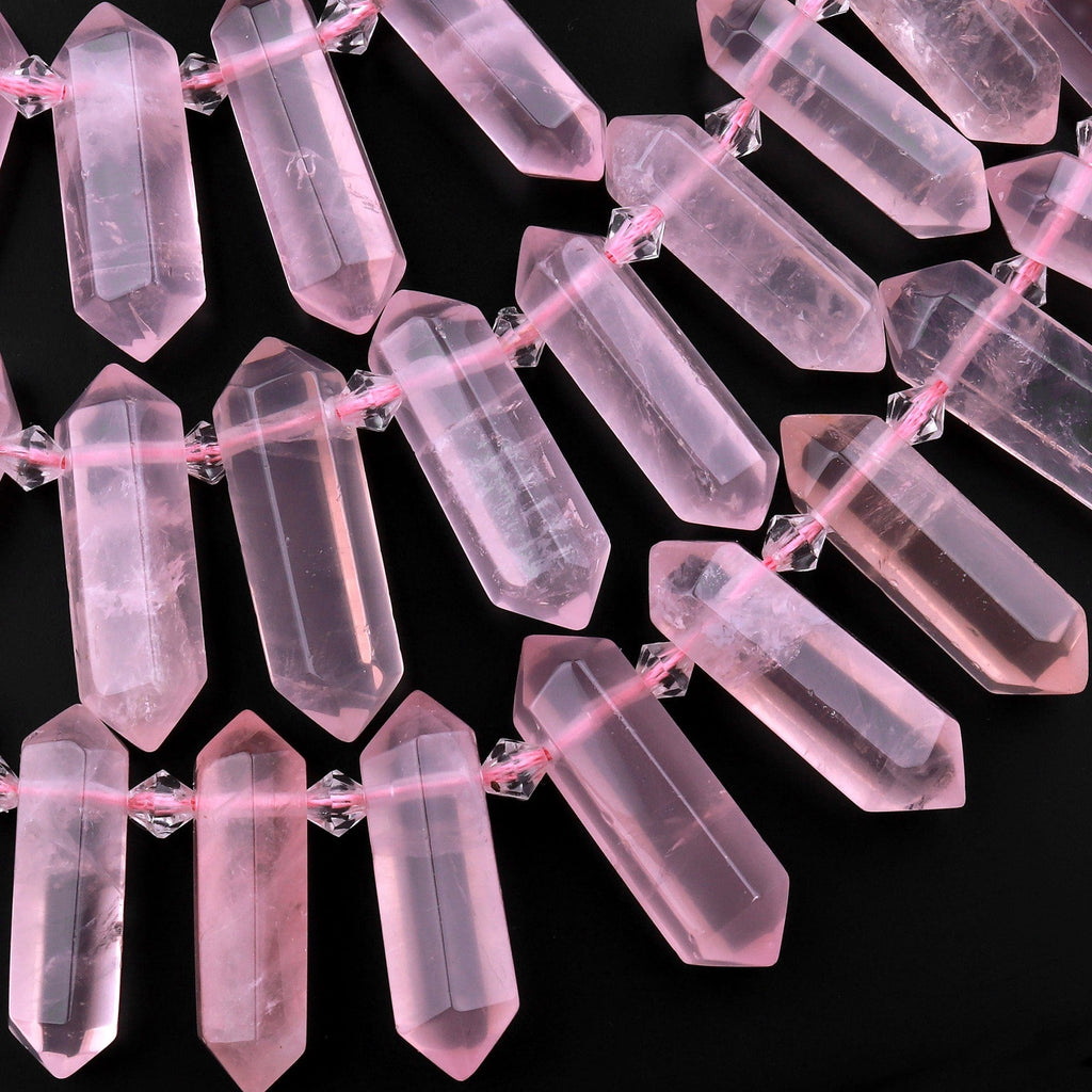 AAA Natural Pink Rose Quartz Faceted Double Terminated Points Side Drilled Focal Pendant Beads Bullet Bicone 15" Strand