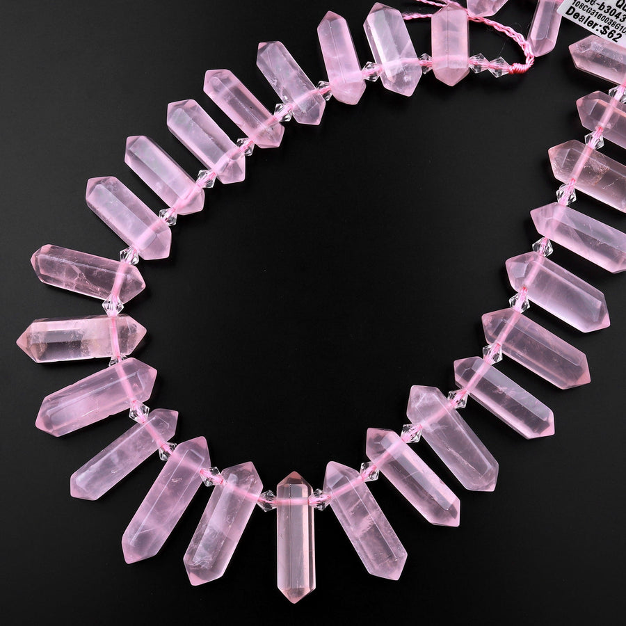 AAA Natural Pink Rose Quartz Faceted Double Terminated Points Side Drilled Focal Pendant Beads Bullet Bicone 15" Strand