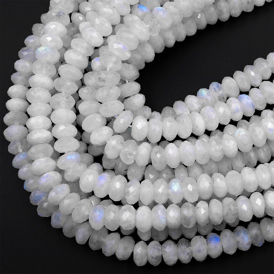 Natural Rainbow Moonstone Faceted Rondelle Beads 4mm 6mm 8mm 9mm High Quality Flashy Blue Moonstone Gemstone 15.5" Strand