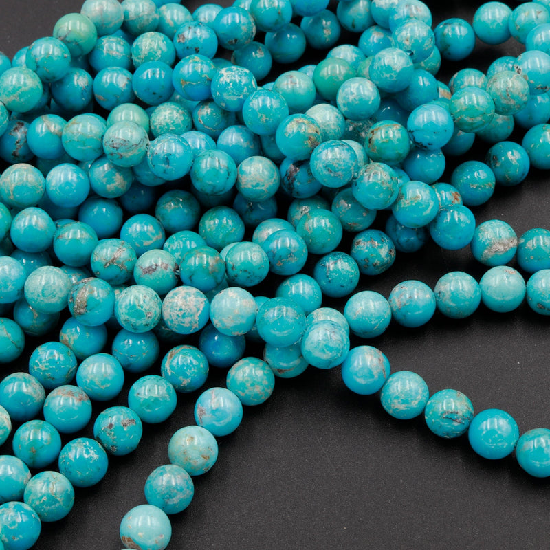 Natural American Arizona Blue Turquoise 7mm 8mm Round Beads Real Genuine Vibrant Blue Turquoise Gemstone 16" Strand
