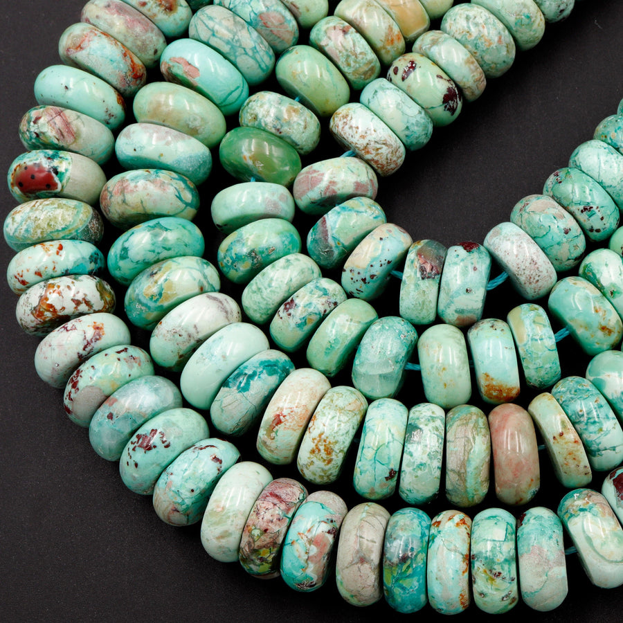 Large Natural Chrysocolla Turquoise Rondelle Beads Exotic Vibrant Blue Green Gemstone From Africa 16" Strand