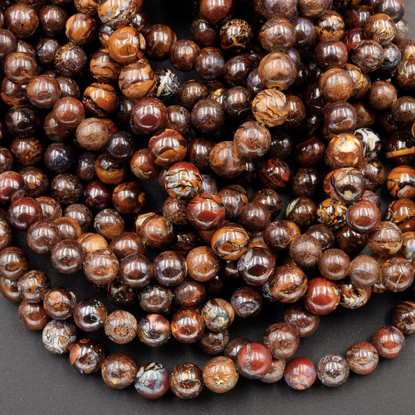 Natural Australian Boulder Opal Beads 6mm 7mm Bright Flashy Fiery Blue Purple Green Opal Veins 19" Sterling Silver Clasp Necklace Strand