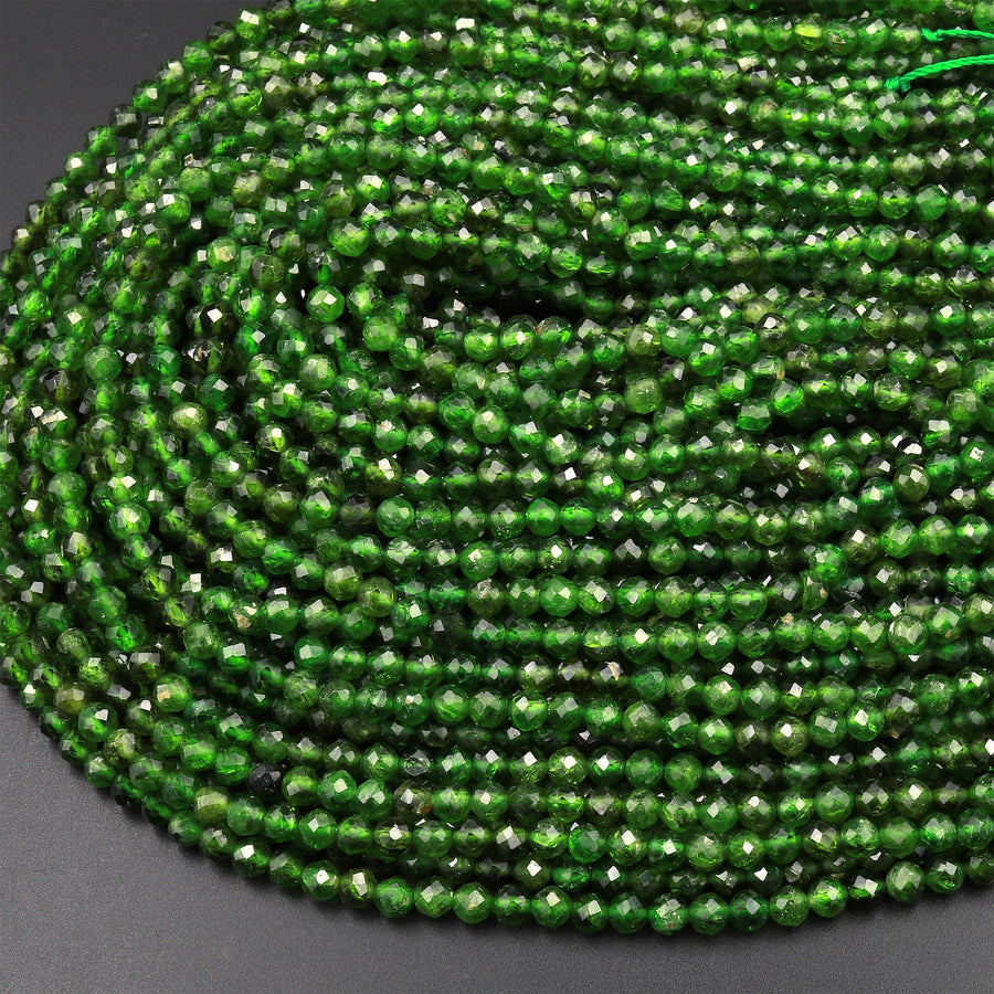 Real Genuine Natural Chrome Diopside Round Beads 2mm 3mm 4mm Faceted Laser Diamond Cut Micro Faceted Green Gemstone Birthstone 15.5" Strand