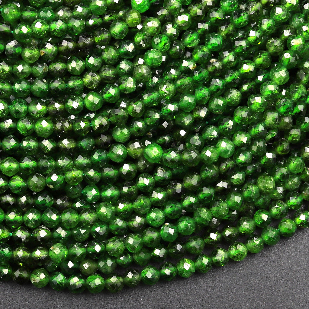 Real Genuine Natural Chrome Diopside Round Beads 2mm 3mm 4mm Faceted Laser Diamond Cut Micro Faceted Green Gemstone Birthstone 15.5" Strand