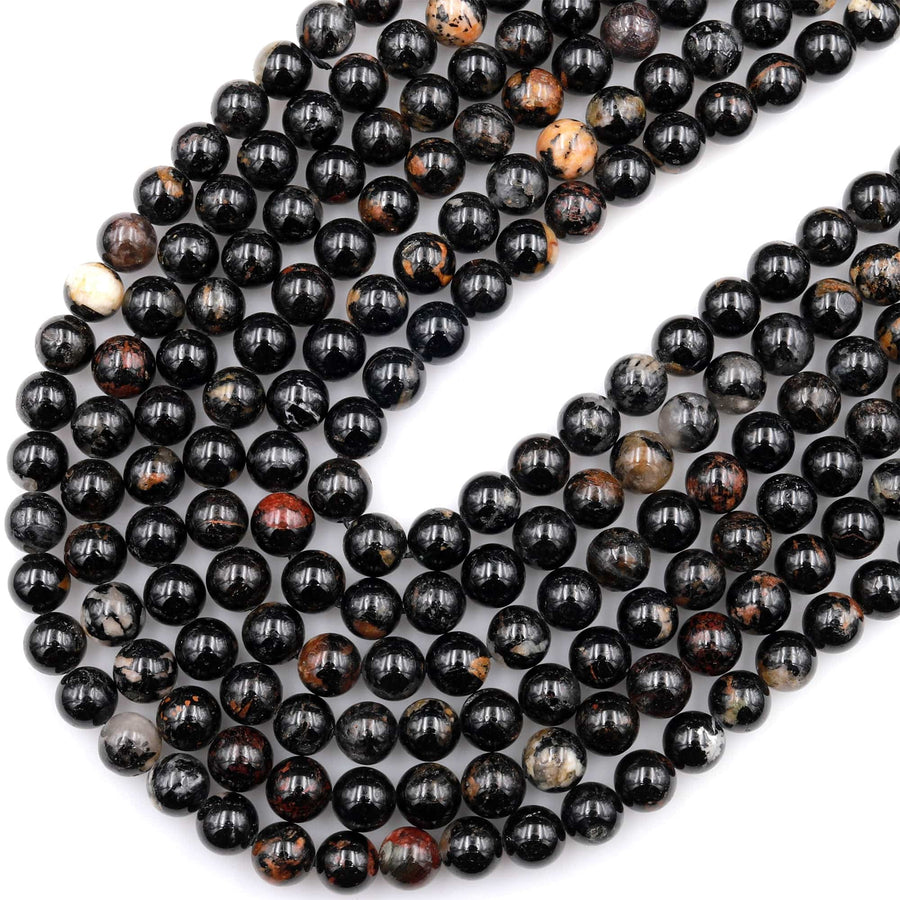 Genuine Natural Black Tourmaline Beads 4mm 6mm 8mm 10mm 12mm Round With Red Quartz Iron Matrix Real Genuine Black Gemstone 15.5" Strand